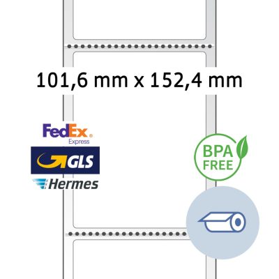Herma No. 58309 fehér színű 101,6 x 152,4 mm méretű, nyomatlan tekercses thermo etikett címke, címkék közötti keresztperforációval - kiszerelés: 475 címke / tekercs
