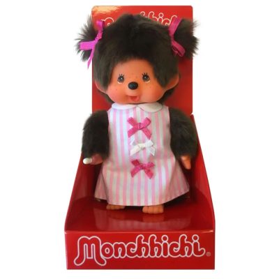 Moncsicsi plüssfigura kislány rózsaszín ruhában és masnival 20 cm