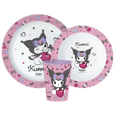 Hello Kitty Kuromi étkészlet, micro műanyag szett, pohárral 260 ml 