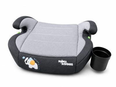 Mama Kiddies® i-Size HappyRide ülésmagasító (125-150 cm) ISOFIX rögzítéssel szürke színben bébi elefánt mintával – Ajándék pohártartó