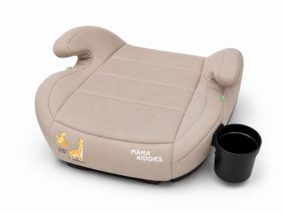 Mama Kiddies® i-Size HappyRide ülésmagasító (125-150 cm) ISOFIX rögzítéssel bézs színben zsiráf mintával – Ajándék pohártartó