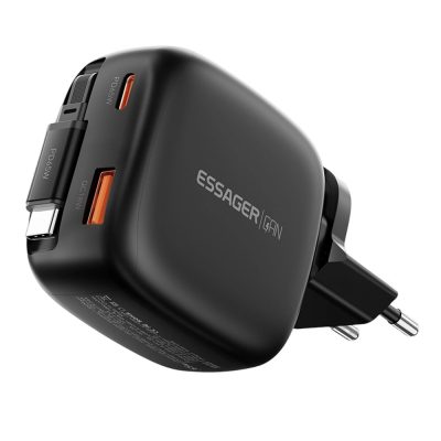 ESSAGER® ES-CD60 - 65 Wattos USB-s fali gyorstöltő, beépített, visszahúzható USB-C kábellel - 2x USB-C port + 1x USB-A