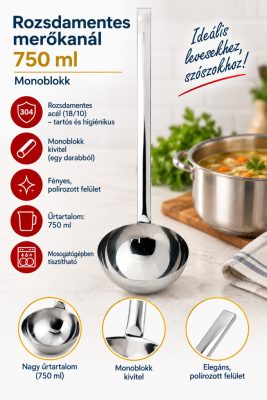 Rozsdamentes monoblokk merőkanál – 750 ml, 39,5 cm
