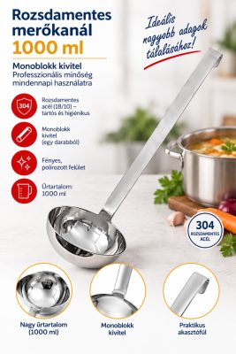 Rozsdamentes monoblokk merőkanál – 1000 ml, 47,4 cm