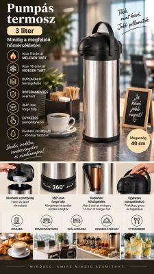 Pumpás termosz 3 liter, 40 cm – rozsdamentes, 360°-ban forgó talppal