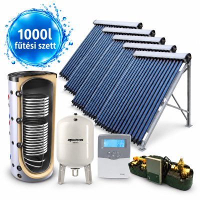 Napkollektor rendszer 1000 literes puffer fűtés rásegítésre: 5x20 vákuumcsöves kollektor + 2 hőcserélős puffertároló + szivattyú állomás + vezérlés + tágulási tartály