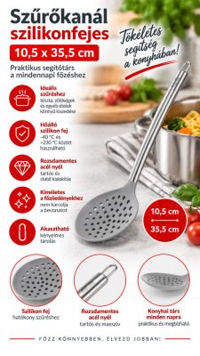 Quttin szilikonfejes szűrőkanál – 10,5 × 35,5 cm, rozsdamentes nyéllel