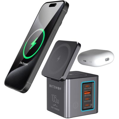 Blitzwolf BW-i113 - 105W asztali töltőállomás - 3x USB-C + 1x USB-A + 2x vezeték nélküli (Qi) töltés