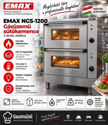 EMAX NGS-1200 gázüzemű statikus sütőkemence – 2 aknás, GN 2/1