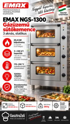 EMAX NGS-1300 gázüzemű statikus sütőkemence – 3 aknás, GN 2/1