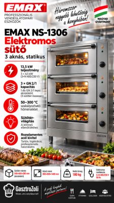 EMAX NS-1306 elektromos statikus sütő – 3 aknás, GN 2/1