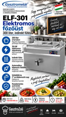 Gasztrometál ELF-301 elektromos főzőüst – 300 liter, indirekt fűtés