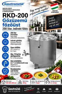 Gasztrometál RKD-200 gőzüzemű főzőüst – 200 liter, indirekt fűtés