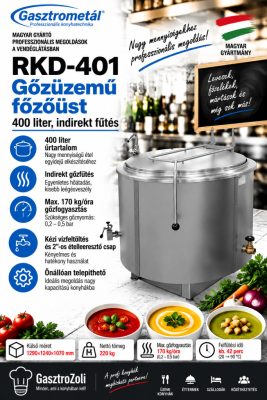 Gasztrometál gőzüzemű főzőüst – 400 liter, indirekt fűtés