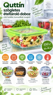 Quttin szögletes ételtároló doboz zöld fedéllel boroszilikát üvegből 550 ml 14×14 cm