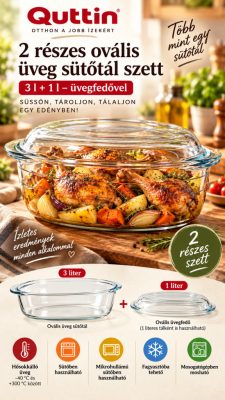 Quttin 2 részes ovális üveg sütőtál szett 3 l + 1 l – üvegfedővel