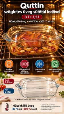 Quttin szögletes üveg sütőtál fedővel, 3 l + 1,5 l