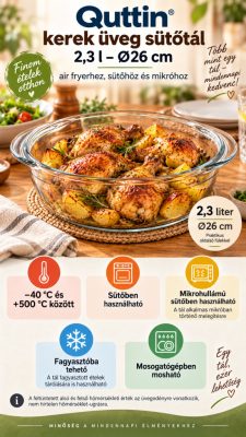 Quttin szögletes üveg sütőtál fedővel, 4,4 l + 2,3 l