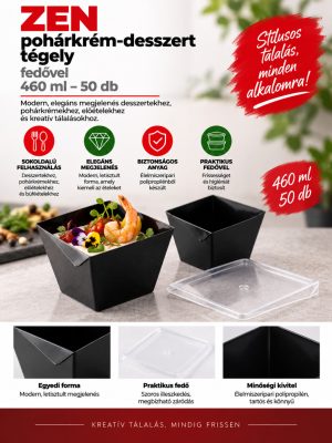 ZEN fekete pohárkrém-desszert tégely fedővel, 460 ml – 50 db