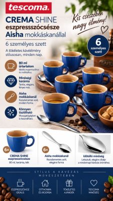 Tescoma CREMA SHINE kék eszpresszócsésze Aisha mokkáskanállal – 6 személyes szett
