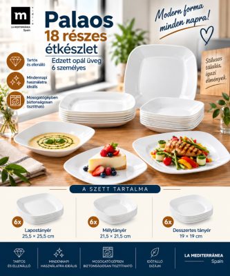 Palaos 18 részes szögletes étkészlet – edzett opál üveg, 6 személyes