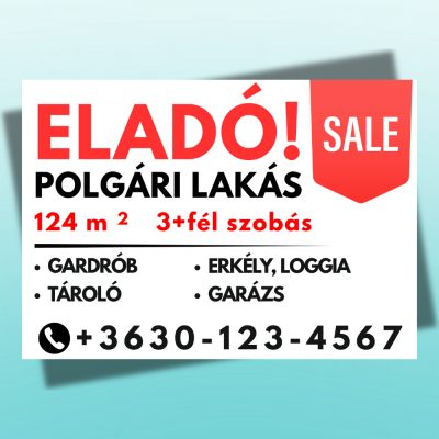 Eladó lakás tábla információkkal
