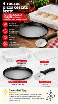 4 részes pizzakészítő szett – kelesztőláda fedővel, WAS Ø32 cm kékacél pizzaforma és pizzaszeletelő