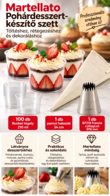 Pohárdesszert-készítő szett 100 db 210 ml-es Bucket tégellyel, 34 cm-es pamut habzsákkal és BF319 Ø18 mm-es francia csillagcsővel.