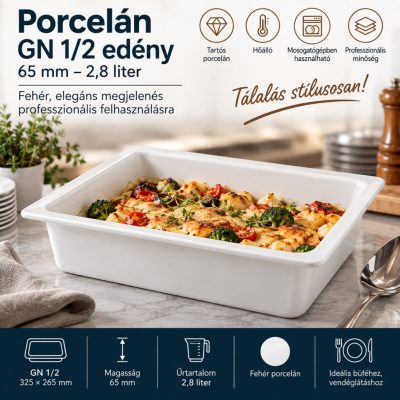 Porcelán GN 1/2 edény 65 mm – 2,8 liter, fehér