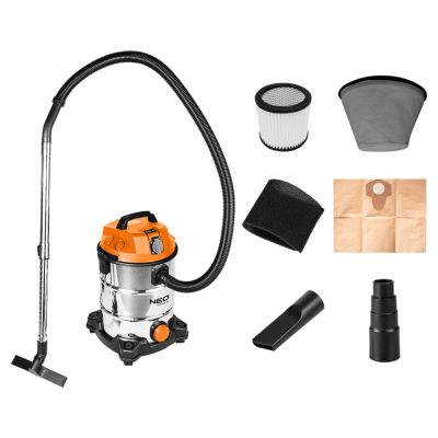 NEO TOOLS Száraz/vizes ipari porszívó, 1400W/18KPa, 30l-es inox tartály, gépcsatlakozó aljzat, komplett tartozékszett 3 év garanciával 04-738