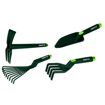 VERTO Mini kertiszerszám készlet, 4 db műanyag (gereblye, villáskapa, lapát, kultivátor) 15G419