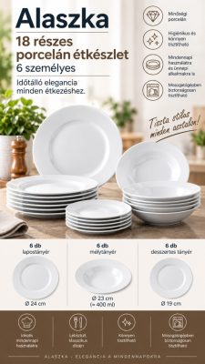 Alaszka 18 részes porcelán étkészlet – fehér, 6 személyes