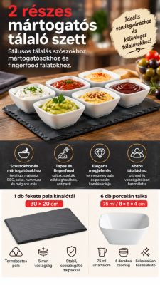 2 részes mártogatós tálaló szett – 30×20 cm fekete pala kínálótál + 6 db 75 ml porcelán tálka