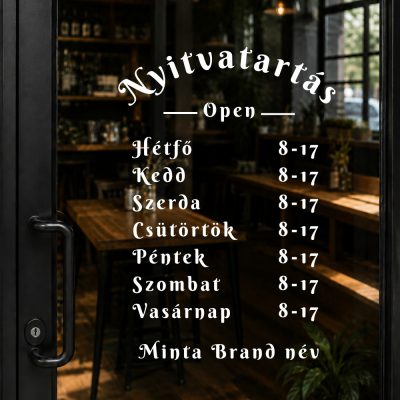 Prémium nyitvatartás matrica vintage íves dizájn 