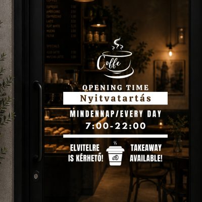 Prémium nyitvatartás matrica barista-kávézó kétnyelvű dizájn 