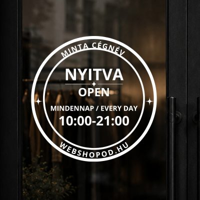 Prémium nyitvatartás matrica üvegajtóra karika magyar-angol dizájn