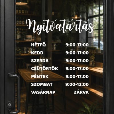 Prémium nyitvatartás matrica üvegajtóra modern dizájn