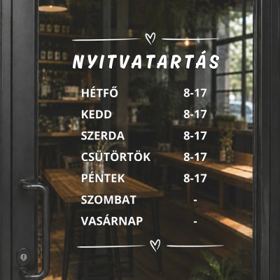 Prémium nyitvatartás matrica üvegajtóra szivecskés dizájn