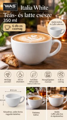 Italia teás- és latte csésze 350 ml – fehér porcelán, 6 db-os csomag