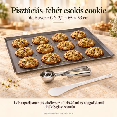 Pisztáciás-fehér csokis cookie – de Buyer GN 2/1 tapadásmentes sütőlemez 65×53 cm szett