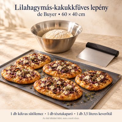 Lilahagymás-kakukkfüves lepény – de Buyer kékvas sütőlemez 60×40 cm szett