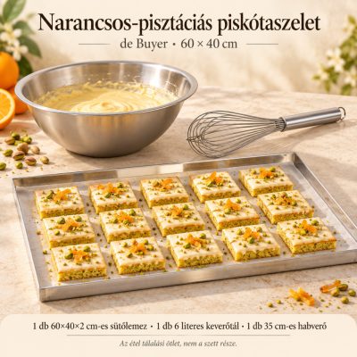 Narancsos-pisztáciás piskótaszelet – de Buyer egyenes peremű sütőlemez 60×40 cm szett