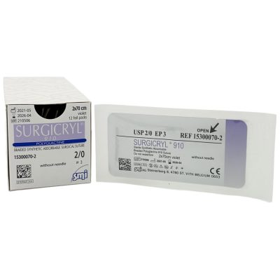 SMI Surgicryl® 910 felszívódó sebészeti varrófonal tű nélkül, USP 2/0 (EP 3), 2 x 70 cm, lila, 12 db/doboz, Ref: 15300070-2
