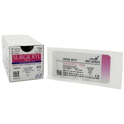 SMI Surgicryl® PGA felszívódó sebészeti varrófonal tűvel, USP 5/0 (EP 1), 75 cm, DS16 tű, lila, 12 db/doboz, Ref: 11101516