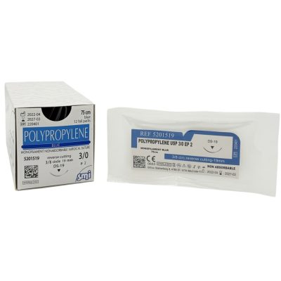 SMI Polypropylene nem felszívódó sebészeti varrófonal tűvel, USP 3/0 (EP 2), 75 cm, GS60 tű, kék, 12 db/doboz, Ref: 5202160