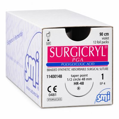 SMI Surgicryl® PGA felszívódó sebészeti varrófonal tűvel, szemészeti műtétekhez, USP 5/0 (EP 1), 45 cm, 2 x 8 mm (350 µm) tű, lila, 12 db/doboz, Ref: OSU05