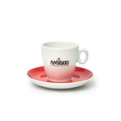 AMIGOS cappuccino csésze fekete logóval és piros csészealjjal 