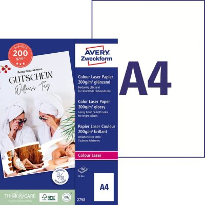 Avery Zweckform No. 2798 lézernyomtatóval nyomtatható A4-es méretű fehér színű 200 g-os prémium minőségű kétoldalas magasfényű papír - kiszerelés: 100 lap / csomag (Avery 2798)