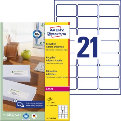 Avery Zweckform No. LR7160-100 natúr fehér színű 63,5 x 38,1 mm méretű, lézernyomtatóval nyomtatható, környezetbarát öntapadós etikett címke, A4-es íven - kiszerelés: 2100 címke / 100 ív