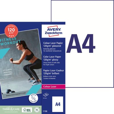 Avery Zweckform No. 1198 lézernyomtatóval nyomtatható A4-es méretű fehér színű 120 g-os különleges minőségű kétoldalas fényes felületű papír - kiszerelés: 200 lap / csomag (Avery 1198)